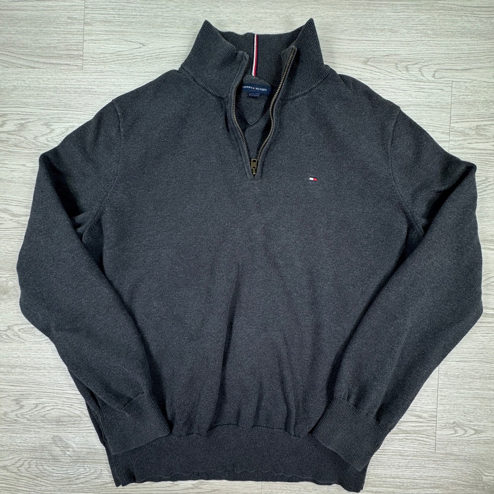 Tommy Hilfiger Men's 1/4 Zip Sweater Dark Gray XL Cotton Leather Trim Pullover